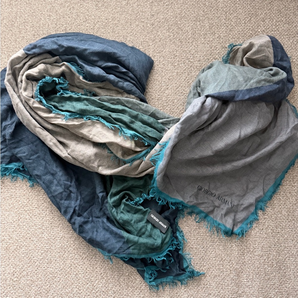 Giorgio Armani Teal and Blue and Grey Fringed Silk Blend Men’s Scarf - Picture 2 of 6